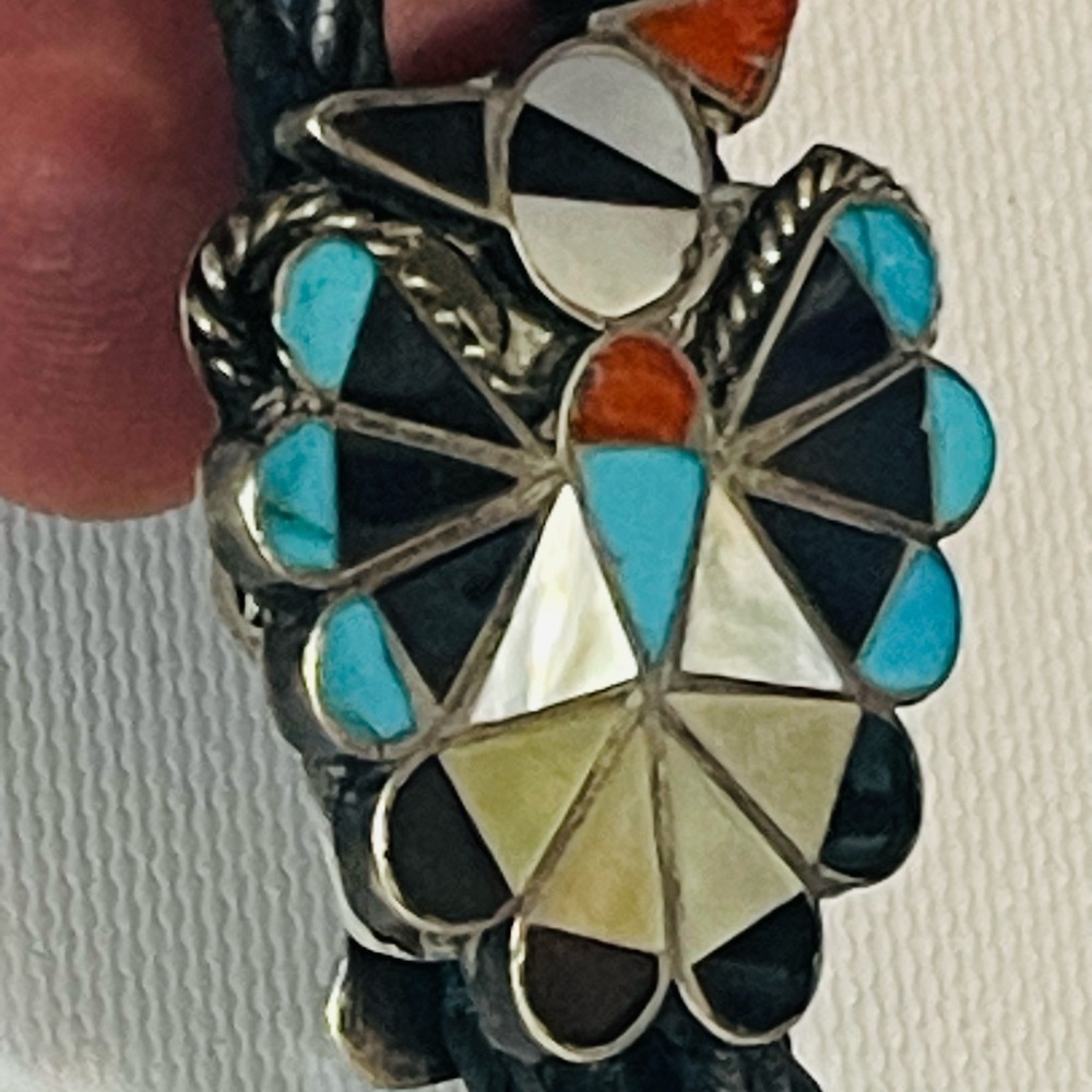VTG Native American ZUNI STERLING SILVER MOSAIC INLAY THUNDERBIRD BOLO TIE Sign